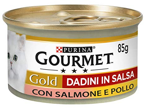 Gourmet Purina Gold Wet Cat Food Cubes in Sauce with Salmon and Chicken - 24 x 85 g Tins (Pack of 24 x 85 g)