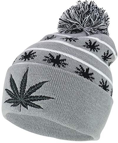 Marihuana Leafs Pom Pom Acryl Beanie Mütze, Grau / Schwarz, Einheitsgröße