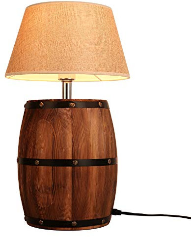 Newrays Antike moderne Holz Weinfass Tisch Schreibtisch Lampe Stoff Lampenschirm mit Schalter für Schlafzimmer Wohnzimmer, Plug-in