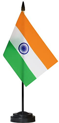 ANLEY India Deluxe Schreibtischflaggen-Set - 6 x 4 Zoll Miniatur-Desktop-Flagge aus Indien mit 12 massivem Pol - lebendige Farbe und lichtbeständig - schwarze Basis und Speerspitze