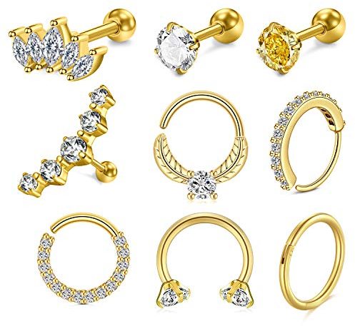 AVYRING 20 g 16 g Piercing Ohr Knorpel Chirurgenstahl Hoop Nasenpiercing Septum Lippe Ring Tragus Stud Ohrpiercing Helix Daith Schmuck 9 Stück Metall, Edelstahl