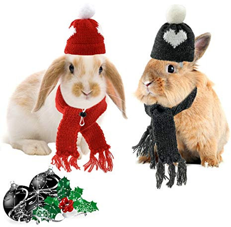 CooShou Weihnachtsmütze für kleine Tiere, Schal, Valentinstag, Haustier-Kostüm, Set, Weihnachten, Wolle, Mützen, Schals, Kleintier-Outfits für Hamster, Meerschweinchen, Kaninchen, Chinchilla, Igel