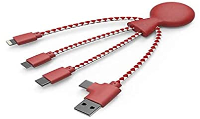 Xoopar Câble Multi USB Mr Bio 4 en 1 - Câble USB Durable - Chargeur USB Universel pour Smartphone Apple iPhone Samsung Google Huawey Xiaomi OnePlus LG Kindle (Rouge)