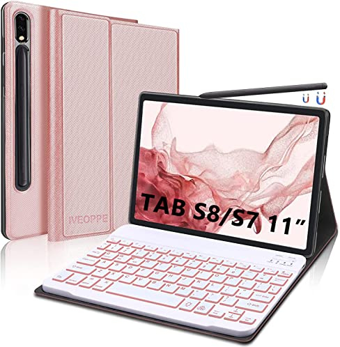 IVEOPPE Hülle Mit Beleuchteter QWERTZ Tastatur für Samsung Galaxy Tab S8/S7 11 Zoll, Magnetisch Abnehmbar, Roségold (2022/2020)