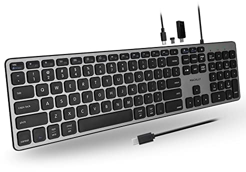Macally UCZKEYHUBACSG, Extended USB-C Keyboard, with 2 USB-A & 1 USB-C ports and US QWERTY key cap layout, Space Grey