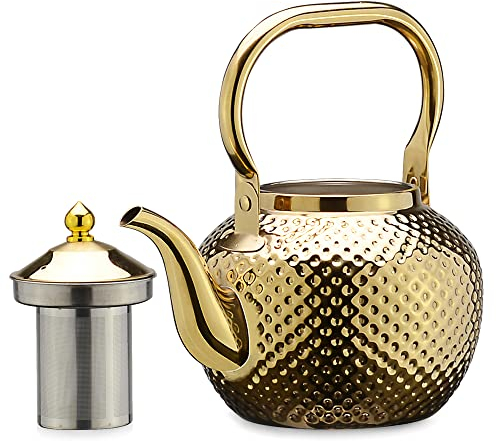 SANQIAHOME 1,5 Liter Edelstahl-Teekanne mit Siebeinsatz, mit Teesiebgriff,Induktionsgeeignet Gold