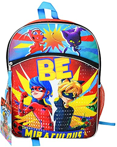 Miraculous Ladybug Rucksack Marienkäfer-Tasche mit Fronttasche und Reißverschlussfächern, perfekter Rucksack für Jugendliche und Kinder, ideal für Schule, Reisen und Roadtrips – 40,6 cm