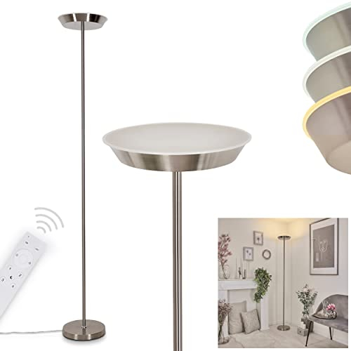 LED Stehleuchte Theron, dimmbare Stehlampe aus Metall/Kunststoff in Nickel-matt/Weiß m. Fernbedienung u. Bluetooth, Steuerbar m. Smart App, Fußschalter am Kabel, 18 Watt, 1300 Lumen, 3000-6000 Kelvin
