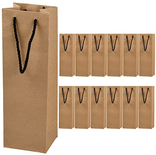 12PCS Wine Champagne Gift Paper Bags with Handles, Reusable Kraft Paper Wine Bottle Holder, Single Bottle Wine Carrier Wine Storage Bag For Wedding Birthday Party Festival (Brown)