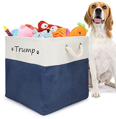 Cuperay Personalised Dog Toy Box with Name, Collapsible Dog Toy Storage with Handles, Large Capacity Square Basket Storage for Organising Food, Clothes and Dog Accessories(White Blue)