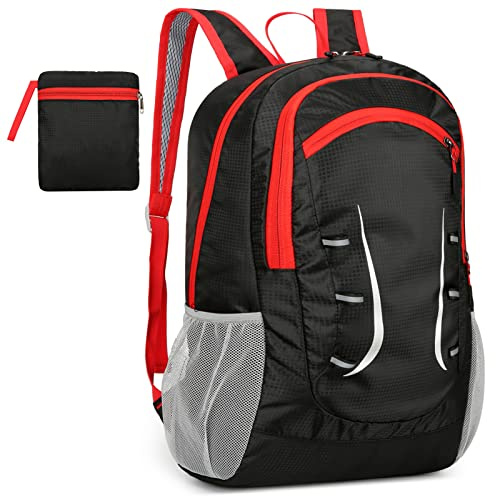 Alitifiy Lightweight Foldable Backpacks, 30L Packable Waterproof Small Hiking Bags & Packs Knapsack Daypack Handy for Men Women Ladies Kids Travel Camping Outdoor Rucksack Bag Pack (Black Red)