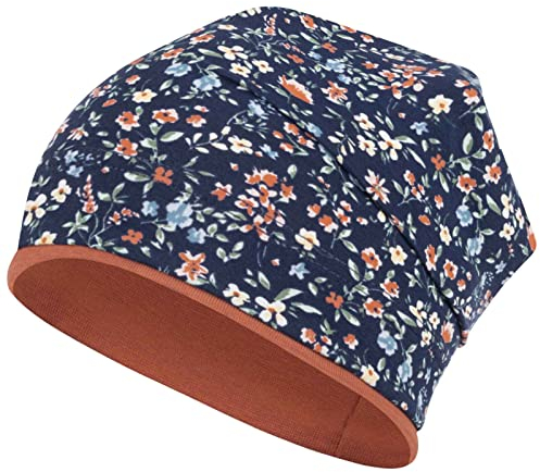 Smarilla Mädchen Mütze Übergangsmütze Beanie Blumen Frühling Herbst Baumwolle, Bekleidungsgröße: 50-52, Farbe: Dunkelblau-Rost