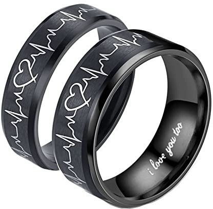 Homxi Eheringe Gravur,Trauringe aus Edelstahl 6/8MM Schwarz Ring Herzschlag Paar Trauringe