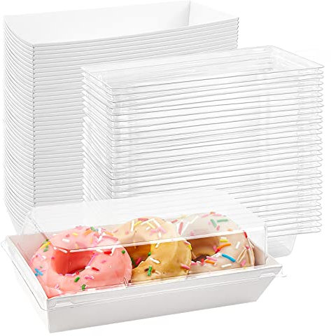 Ocmoiy 100 Stück Papier-Charcuterie-Boxen mit klaren, sicheren Deckeln, 19.1 cm lang, Einweg-Dessertbehälter, weiße Bäckerei-Boxen für schokoladenüberzogene Erdbeeren, heiße Kakaobomben, Sandwich