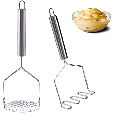 Amfrpar 2er Set Kartoffelstampfer Edelstahl Kartoffel Stampfer Küche Potato Masher Gemüsestampfer Kartoffelpresse Lebensmittelstampfer für Kartoffelbrei Gemüse und Früchte