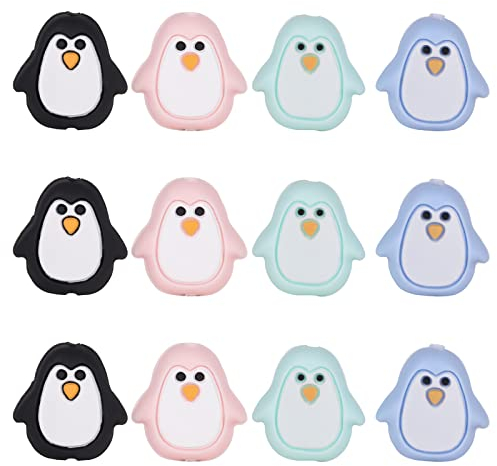 WEWAYSMILE 12 Stück Geometrie Silikonperlen, Silikonperlen Masse, Bunte Runde Silikonperlen, Für Schlüsselanhänger Halskette Armband Basteln DIY(Kleiner Pinguin)
