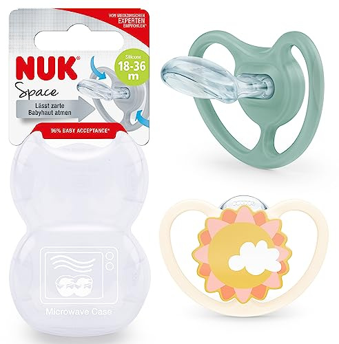NUK Space Schnuller | 18-36 Monate | Schnuller mit zusätzlicher Belüftung für empfindliche Haut | BPA freies Silikon | Zebra und Sonne | 2 Stück
