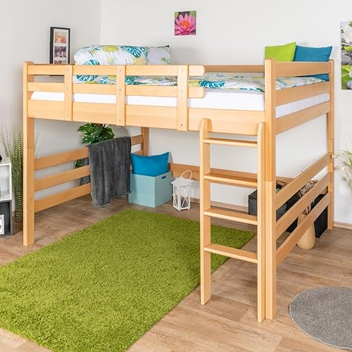 Hochbett 160 x 190 cm für Erwachsene Easy Premium Line K23/n, Buche Massivholz Natur lackiert, teilbar