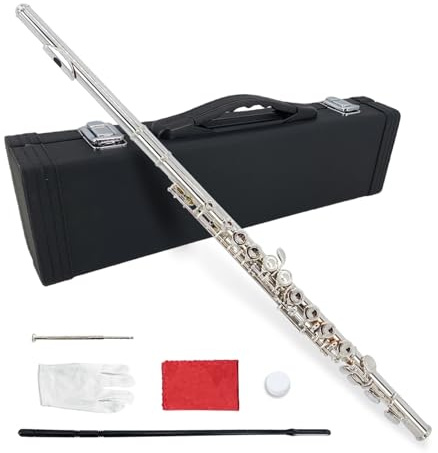 Vetimobato 16 Key Closed Hole C Flute for Beginner Adults – Silver Plated Nickel Flute with Carrying Case, Cleaning Kit, Tuning Rod, Gloves – Lightweight, Durable & Easy to Play (Sliver)