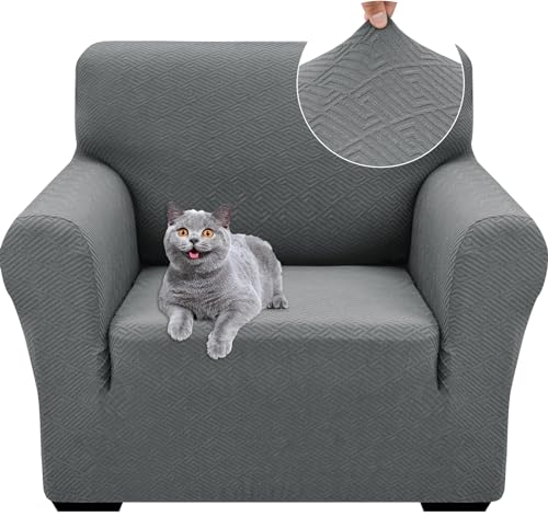 Ystyle Stretch Sofa Überzug 1 Sitzer, Sesselschoner rutschfest Mit Armlehne, Elastische Couch Überzug Jacquard, Universal Sofa Cover Moderne, Sofaschoner Hund Katze Wohnzimmer, Hellgrau