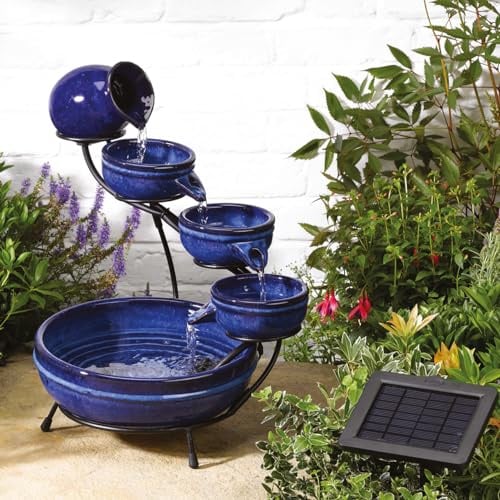 Solar Powered 5 Tier Neptune Cascading Fountain – Smooth Blue Ceramic Tiered Outdoor Garden Water Feature for Patio, Decking, Balcony, Lawn, Yard - Measures H49 x W44 x D38cm