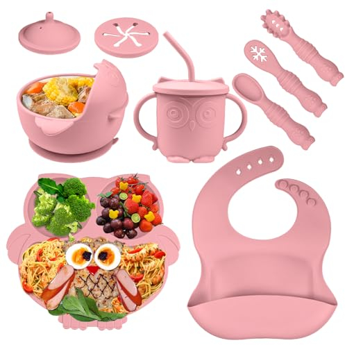 Bwaliffury Vajilla Bebe Silicona, 9 Piezas Vajilla para Bebés con Platos y Cuencos, Vajilla Infantil Antideslizante Con Ventosa, Set Silicona Platos Bebe Libre de BPA, para Bebés y Niños