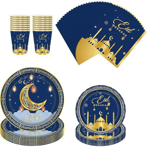 Eid Mubarak Table Vérification Set Ramadan Paper Napkins Cups Plates Muslim Party Fournitures