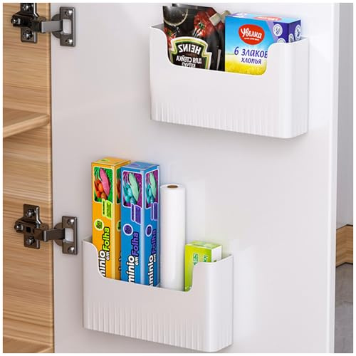 2 Pcs Self-Adhesive Kitchen Cabinet Door Storage Boxes (White, 2*L) | Wall Mounted Storage Box, Multipurpose Small Items Organiser for Cabinet Bathroom Fridge