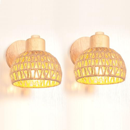 iDEGU 2 Stücke Wandleuchten Innen Retro Wandlampe aus Holz Hanfseil Halbkreis Lampenschirm Vintage E27 Verstellbare Wandspot Industrie Lampe für Schlafzimmer Wohnzimmer Flur Esszimmer Café (15cm)
