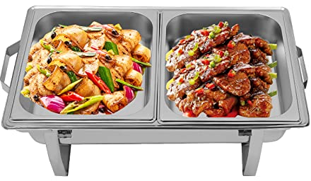 8/8,5/9L Chafing Dish Speisewärmer Edelstahl Warmhaltebehälter Deckelhalterung & Speisebehälter Speisewärmer Rechaud für Catering, Buffet und Party (8.5L, Doppelter Genick)