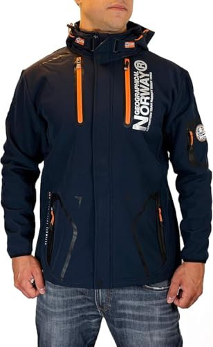 Geographical Norway Tyreek Men Veste Softshell Capuche Homme Impermeable - Manteau Outdoor Blouson Coupe Vent Tactique Resistant - Randonnee Ski Automne Hiver Printemps (Marine Orange M)