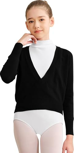 DANSHOW Fille Boléro Ballet Longues Manches Hauts Enroulés, Cardigans de Danse pour Enfants, Pull de Danse en Velours Veste en Tricot, 9-10 ans
