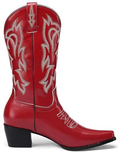 WEHAM Rosso,43,Stivali Western Ricamati da Donna, Stivali da Cowboy con Tacco Grosso al Polpaccio, Stivali al Polpaccio retrò a Punta Nero Rosso alla Moda