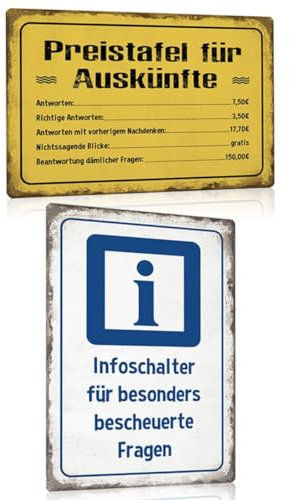 2ER LUSTIG SPRUCH SCHILD SET - Infoschalter Bescheuerte Fragen - Preistafel Auskünfte - Büro Gadgets Festival Wand-deko Zubehör - Retro Blechschild Türschild für Kollegen Freunde Partydeko - DIN A4