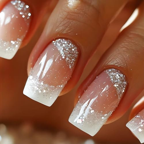 Zernblend 24 pièces blanches French Tips Press On Nails, Brillant argenté Glitter acrylique ongles, Press On Nails, ongles à coller, Fake Nails, ongles à coller