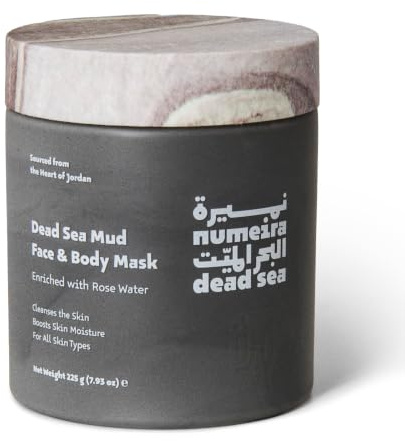 Numeira Dead Sea Mud Mask, Mineral-Rich Clay Face Mask, Rose Water 225 g | Hydrating face & body mud mask for a skincare kit, with rose water clay mask for all skin types; sourced and made in Jordan.