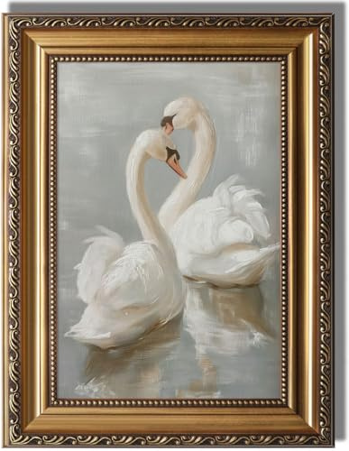KBKBART Vintage-Leinwand-Wandbild mit Goldrahmen, weißer Schwan