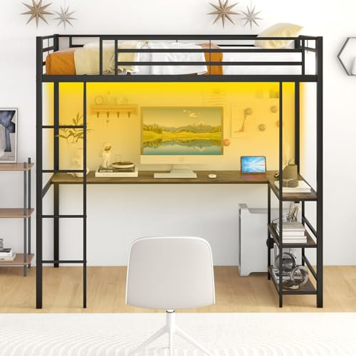 Multigot Bunk Bed with Desk, 3FT Metal Frame Ladder Loft Bed with RGB LED Lights, Charging Station, Storage Shelves and Guardrail, Space-Saving Single High Sleeper Gaming Bed for Teens Adult (Black)