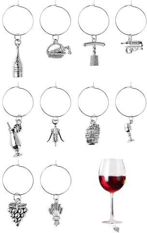 10PCS Wine Glass Charms Vintage Silver, Drink Markers for Wine Cocktail Glasses Champagne Flutes Personalised Glass Charms for Drinks Decorative Wine Glass Tags for Parties Weddings Thanksgiving Gifts