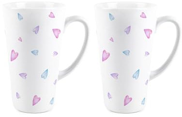 Purely Home Blue & Pink Hearts Large Mugs Set - Love Themed Gifts for Anniversary/Valentines/Galentines - 2 Pack 400ml Ceramic Latte-Style Cup Housewarming Present