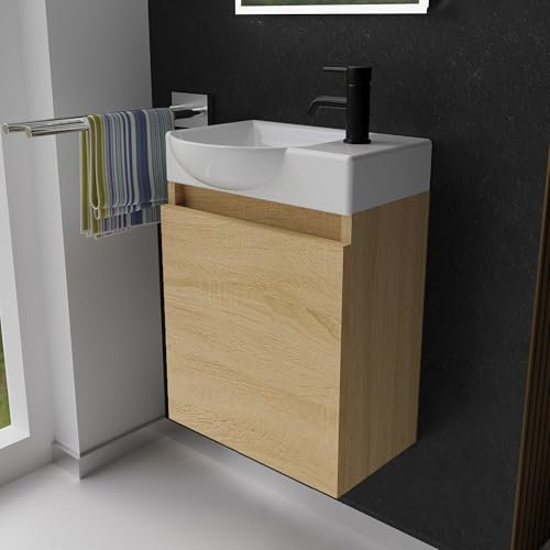 Alpenberger Gäste WC Waschbecken mit Unterschrank | Kleines Badmöbel 45 cm Breit | Waschtisch mit Waschbeckenunterschrank (Eiche Hell, Waschbecken - Linke Seite)