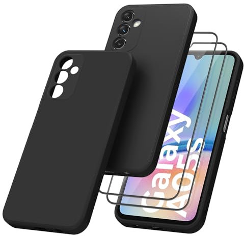 Vancle Coque pour Samsung Galaxy A05s avec 2 Pièces Protecteur D'écran en Verre Trempé, Étui de Protection en Silicone avec Doublure en Fibre, Anti-Rayures sans Bulles, Noir