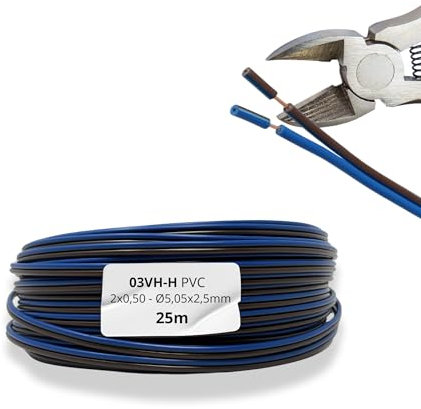HALOTEC. 25 metros Cable Paralelo 03VH-H flexible Azul-Marrón PVC 2x0,50 mm² | Cable Doble Polarizado | Cordón electrico Paralelo para Iluminación, Electrónica y luminarias LED