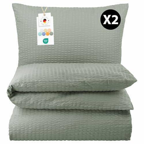 Carpe Sonno Seersucker Bettwäsche 155x220 Baumwolle 4teilig | Graue Bettwäsche 4teilig Sommer Bettbezug 155x220 cm | Sommerbettwäsche Bügelfreie Bettwäsche-Sets | 4 teilige Bettwäsche 155x220 4teilig
