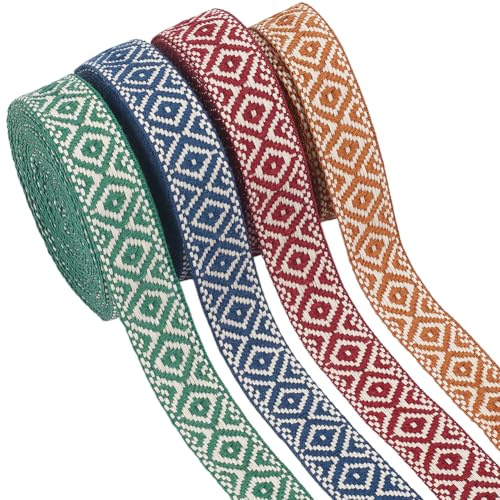 WEBEEDY 20 Yards Vintage Jacquard Zierband 4 Farben Doppelseite Besticktes Gewebtes Band 2.5cm Breiter Rhombus Boho Stoff Fransenspitze Für Kleidung Nähen Handwerk & Heimtextilien