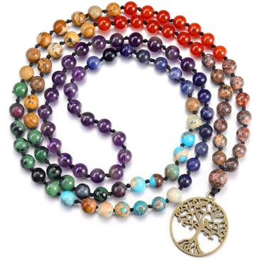 GEHECRST Schmuck 108 Perlen Mala Kette 7 Chakra Kette mit Lebensbaum Anhänger Chakra Steine Kette Wickelarmband Gebetskette Buddhismus Healing Reiki Yoga Schmuck Spirituelle Geschenke