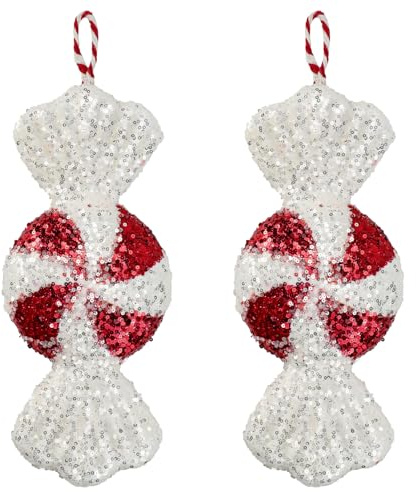 2Pcs Large Sequin Flat Peppermint Candy Hanging Ornaments Red and White Christmas Candies Decorations for Xmas Tree Topper Craft Home Holiday Party Decor, 32X12cm (Red White)