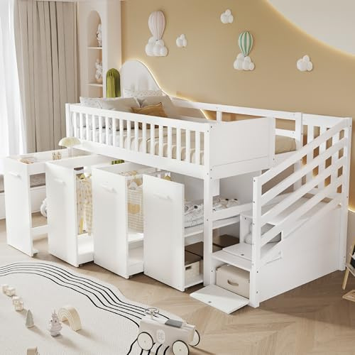 RIAZOS Hochbett 90x200 cm, Kinderbett mit Stauraumtreppe, mit Ausziehbarem Schreibtisch/Kleiderschrank/Schließfächer, Multifunktionsbett, Jugendbett, Weiß, ohne Matratze