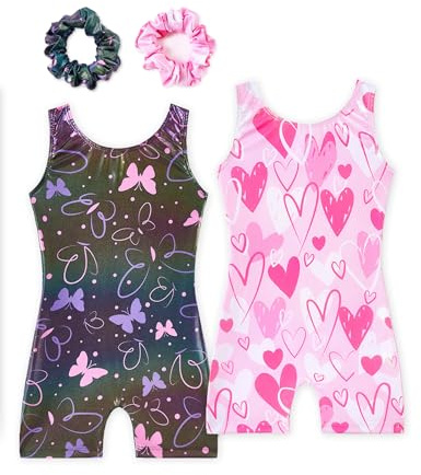 Tstiti Gymnastics Leotards for Girls 2 Pack Sparkly Kids Biketards Dance Unitards Matching Hair Scrunchies Foot Butterfly Heart 3-4T