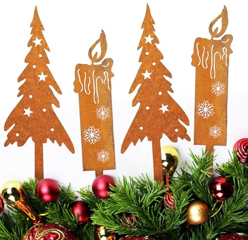 4er Set Rost Deko Weihnachten,Rost Weihnachtsbaum Kerzen weihnachten Deko Outdoor Gartenstecker Roststecker Weihnachtsdeko Draußen Wetterfeste Gartendeko für Advent Weihnachts Garten Balkon Grabschmu